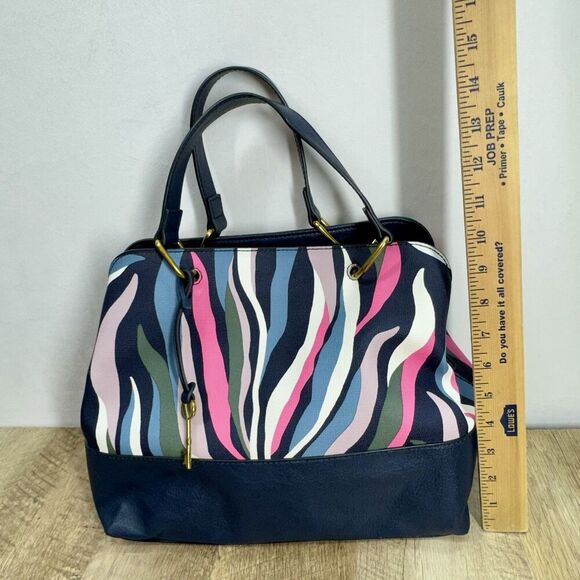 Fossil Lane Satchel Handbag Sea Pink Zebra Stripe Double Handle Zipper Pockets - Picture 12 of 16